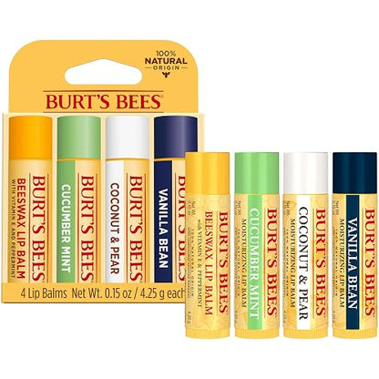 Burt's Bees - Bálsamo labial de cera de abejas, menta, pepino, coco y pera y vainilla, con cera de abejas de origen responsable, sin tinte, tratamiento labial de origen natural, 4 tubos, 0.25 onzas
