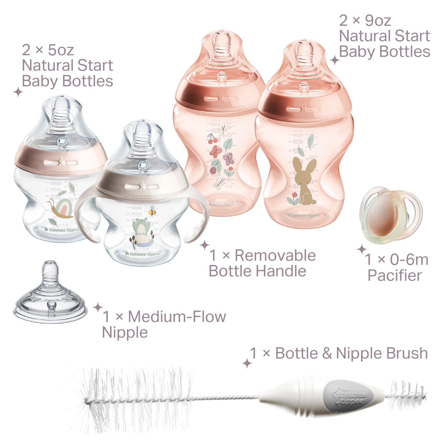 Tommee Tippee Natural Start Baby’s First Bottle Set, 2 x 5oz and 2 x 9oz Anti-Colic Bottles, Slow and Medium Flow Nipples, 0-6 month Pacifier, Self-Sterilizing, Pink