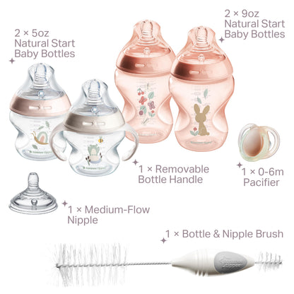 Tommee Tippee Natural Start Baby’s First Bottle Set, 2 x 5oz and 2 x 9oz Anti-Colic Bottles, Slow and Medium Flow Nipples, 0-6 month Pacifier, Self-Sterilizing, Pink