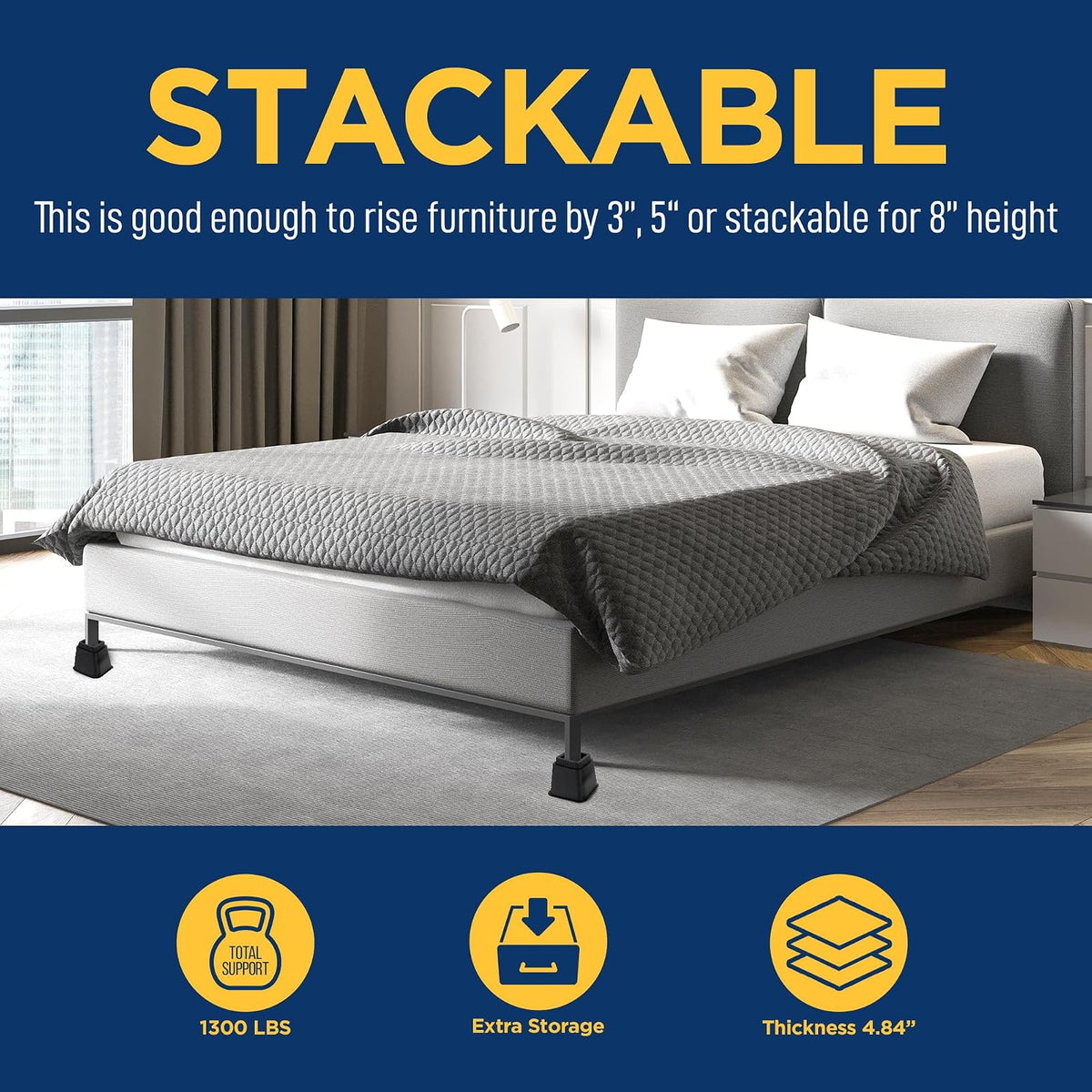 Furniture Riser Set - 4 Pieces Non-Slip Design Furniture Leg Riser Fits with Bed, Chair, Table, Sofa, Desk, and Couches - Black