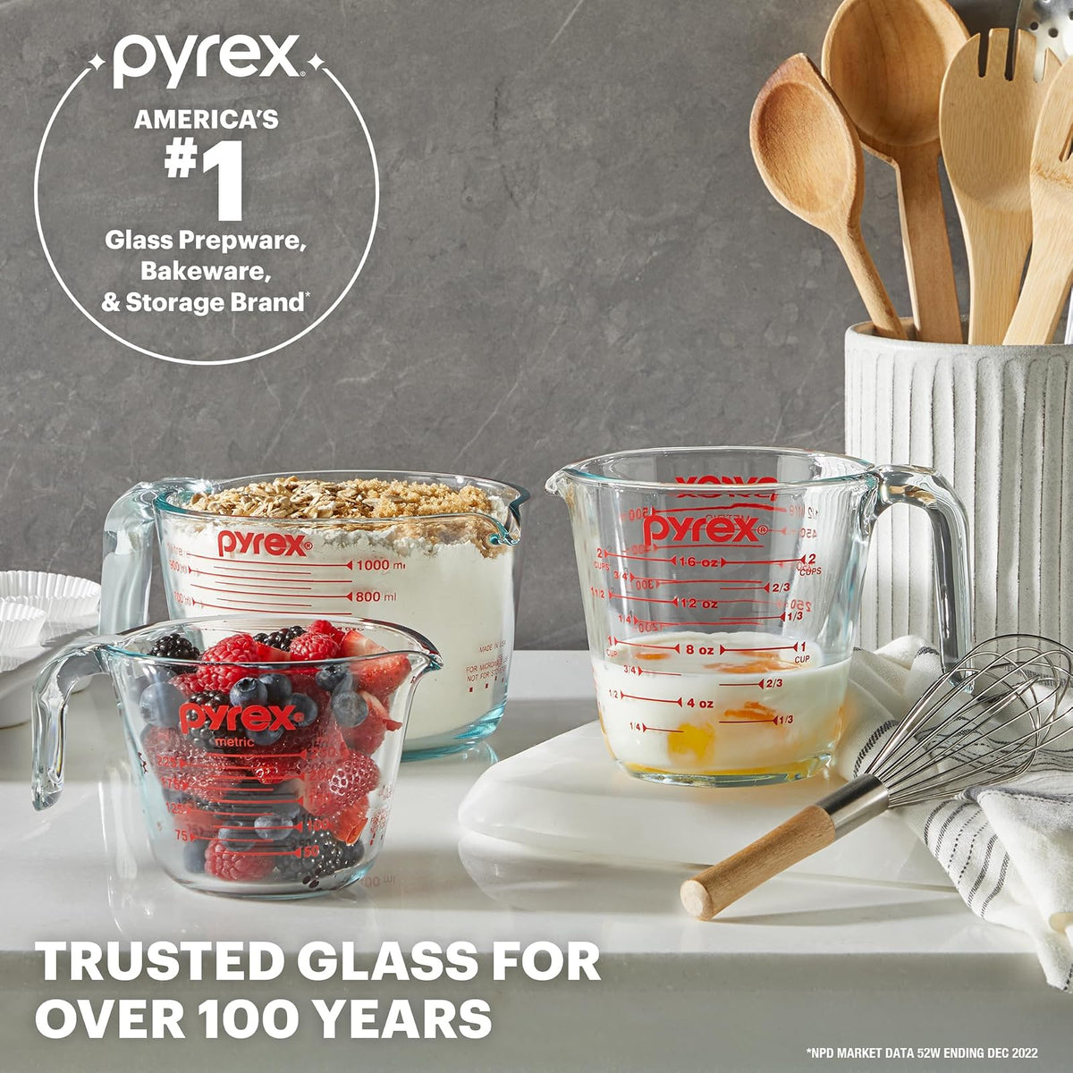 Pyrex Juego de Tazas Medidoras, 3 unidades, vidrio | Para preparar, hornear y cocinar, horno precalentado, lavaplatos, congelador y microondas