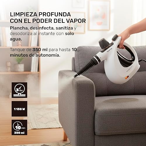 TAURUS MEDUSA CLEAN | Limpiador de vapor sanitizante | Vapor a presión 3 bar | Plancha vertical Elimina olores y bacterias | Limpieza ecológica sin químicos | 9 accesorios | Tanque 350 ml