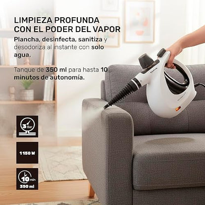 TAURUS MEDUSA CLEAN | Limpiador de vapor sanitizante | Vapor a presión 3 bar | Plancha vertical Elimina olores y bacterias | Limpieza ecológica sin químicos | 9 accesorios | Tanque 350 ml