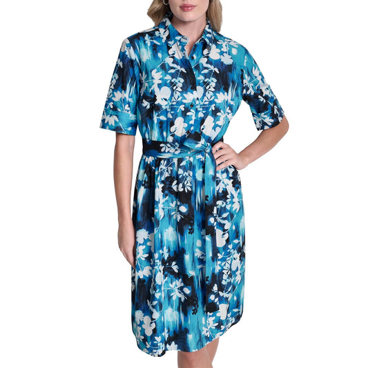 DKNY 3/4 Sleeve Collared Neck Cotton Poplin Shirt Dress Vestido Mujer