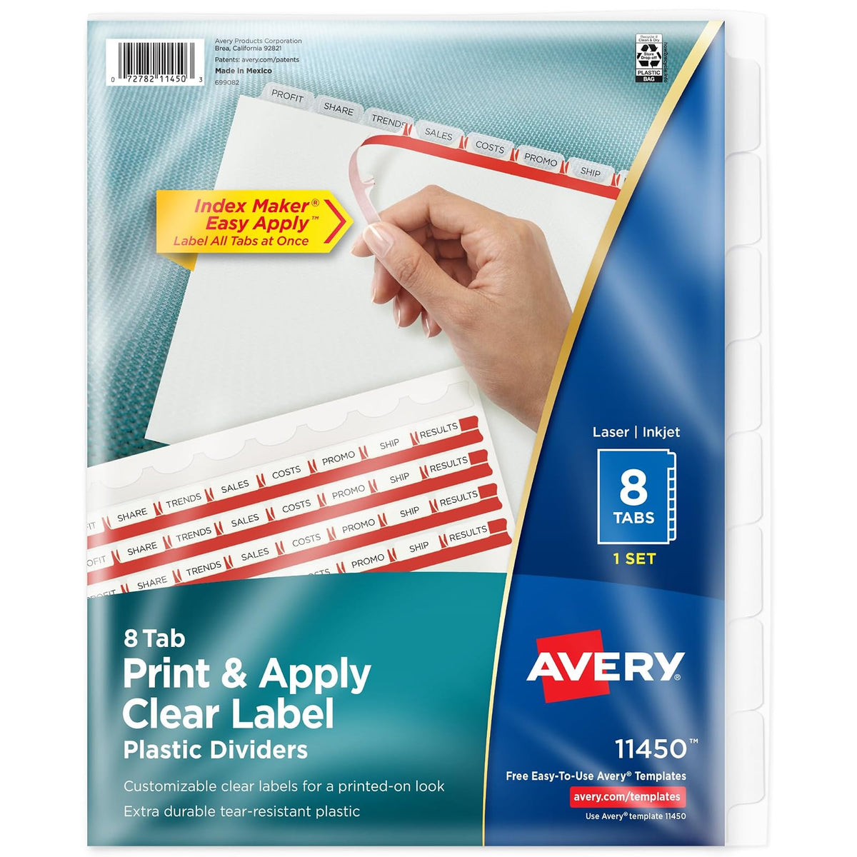 Avery 11450 Separador Translucido Láser/Inkjet 8-Pestañas con Etiquetas para Diseñar, 1 Juego, color Transparente