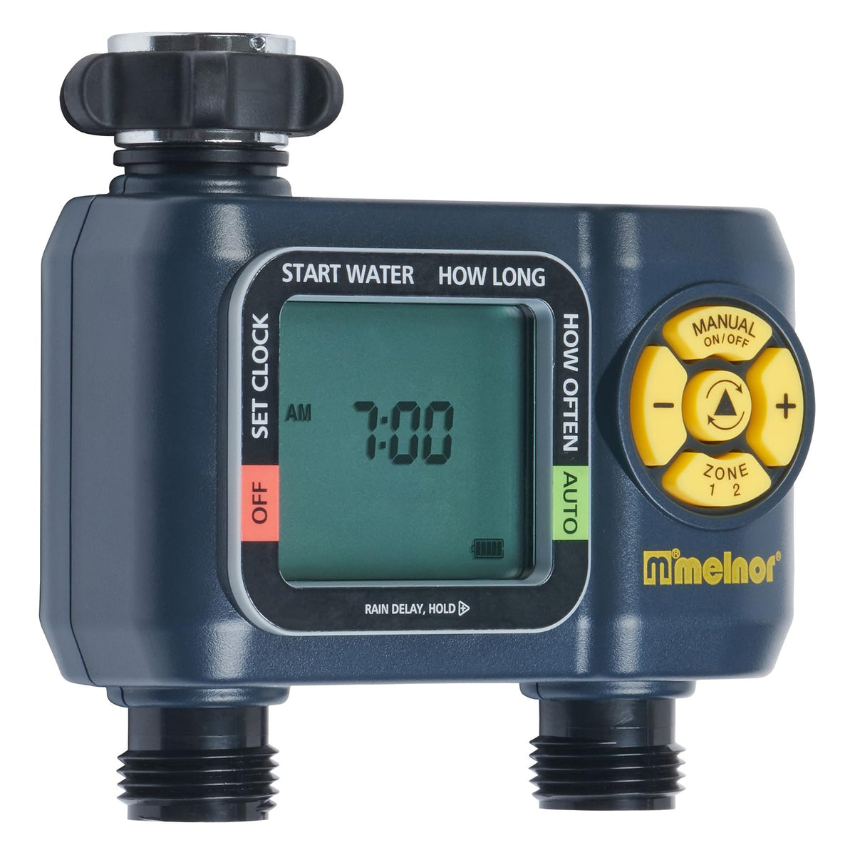 Melnor 65139AMZ AquaTimer - Temporizador de Manguera Digital, Temporizador de riego programable de 2 Zonas, Paquete de conexión rápida, Negro, Amarillo