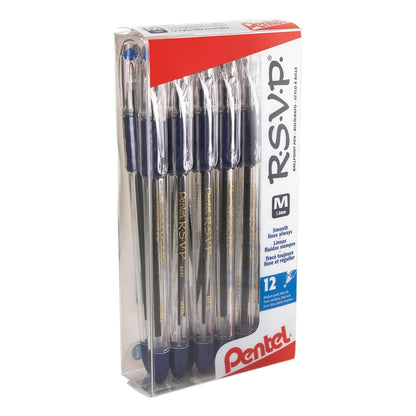 Pentel R.S.V.P. Bolígrafo, Punta Fina y Media, Caja con 12 Piezas - Caja de 12 - Punta mediana 1,0 mm - Azul