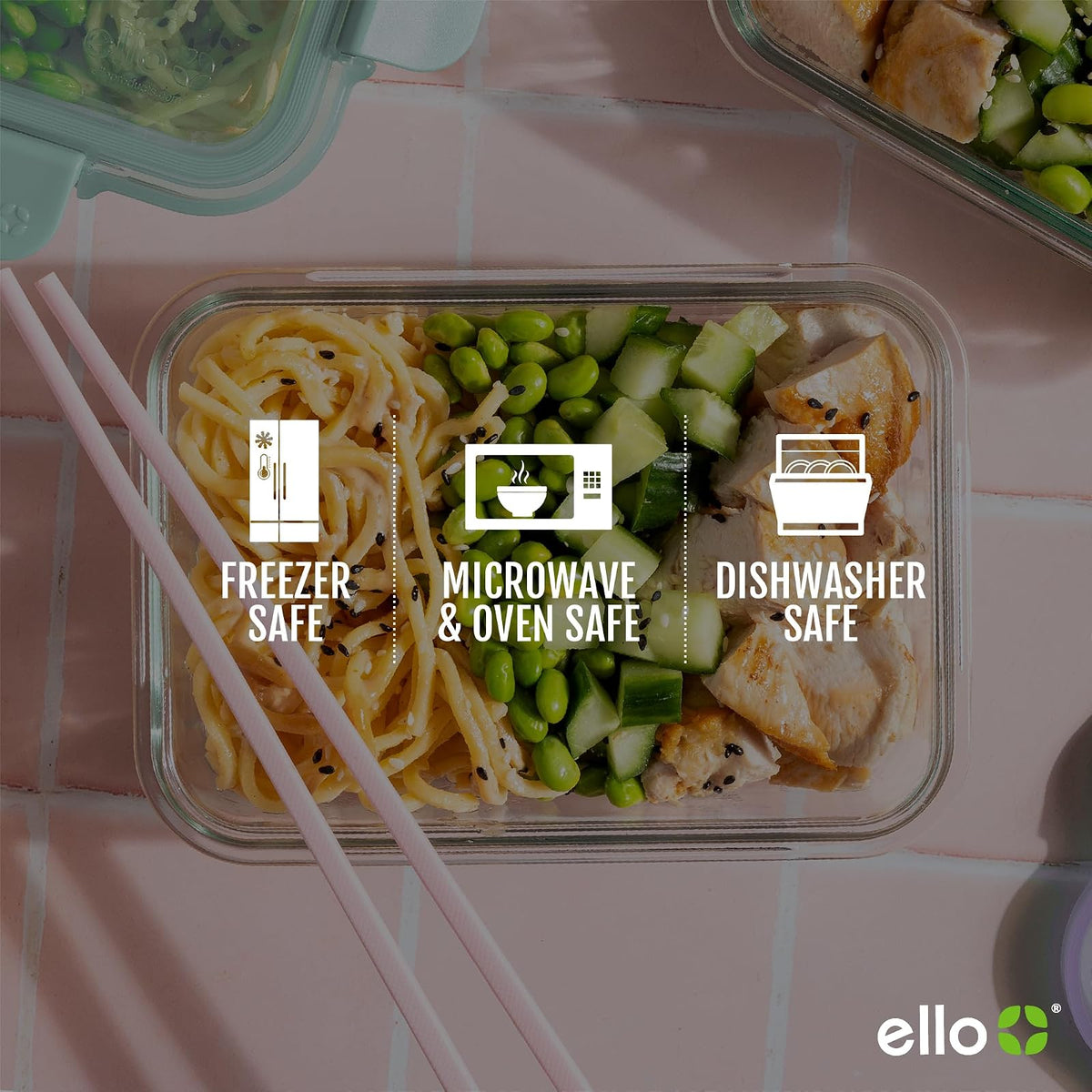Ello Color Lock 3.4 tazas 10 unidades, paquete de 5 recipientes de vidrio para preparar comidas a prueba de fugas con tapas de plástico herméticas sin BPA, apto para lavaplatos, microondas y