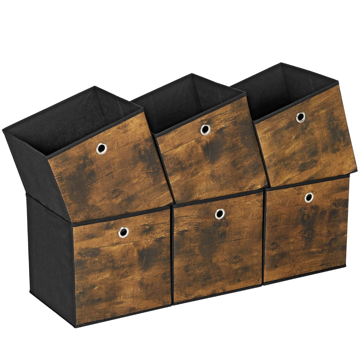 SONGMICS - Cubitos de almacenamiento plegables de tela, juego de 6 | SONGMICS - Cubitos de almacenamiento, 11.8 x 11.8 x 11.8 pulgadas, café rústico y negro, URFB102B01