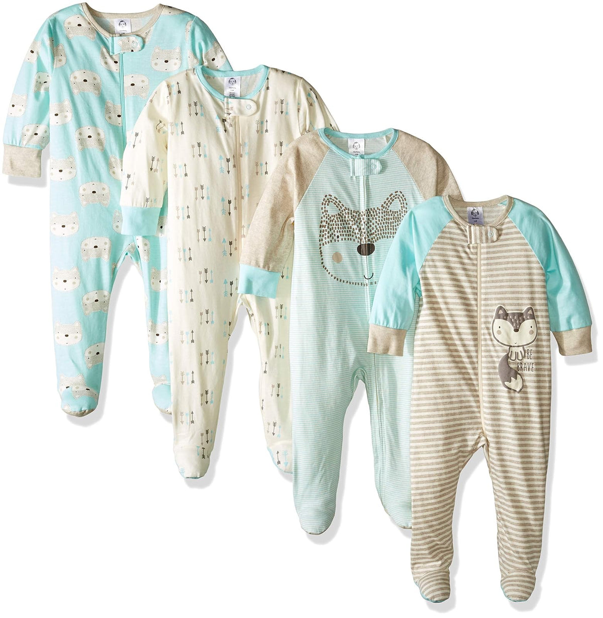 Gerber Paquete de 4 Mamelucos Sleep 'N Play para Bebé - Aqua Fox. - 0-3 Meses