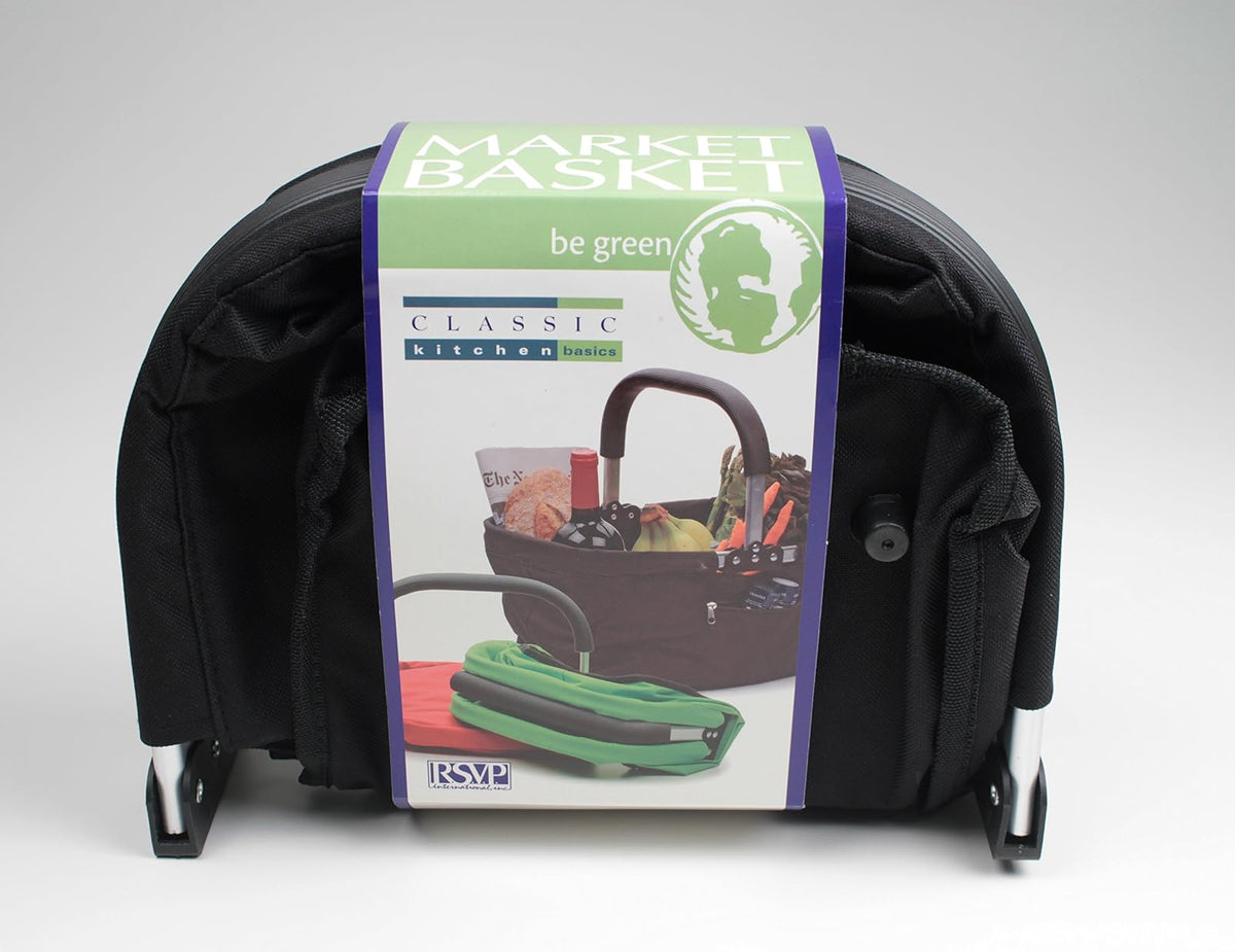 RSVP International - Cesta plegable para el mercado, color negro | marco de aluminio | tela de poliéster | compartimento grande con cierre, almacenamiento que ahorra espacio, tamaño único