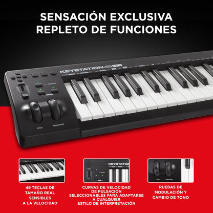 M-Audio Keystation 49 MK3 - Controlador MIDI USB con teclado de 49 teclas, controles asignables, ruedas de pitch/modulación, suite de software