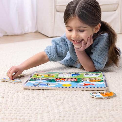 Melissa & Doug Rompecabezas de Vehículos con Clavijas, Juguete de Madera, Coloridas Ilustraciones de Vehículos, Construcción de Madera Extra-Gruesa (8 Piezas)