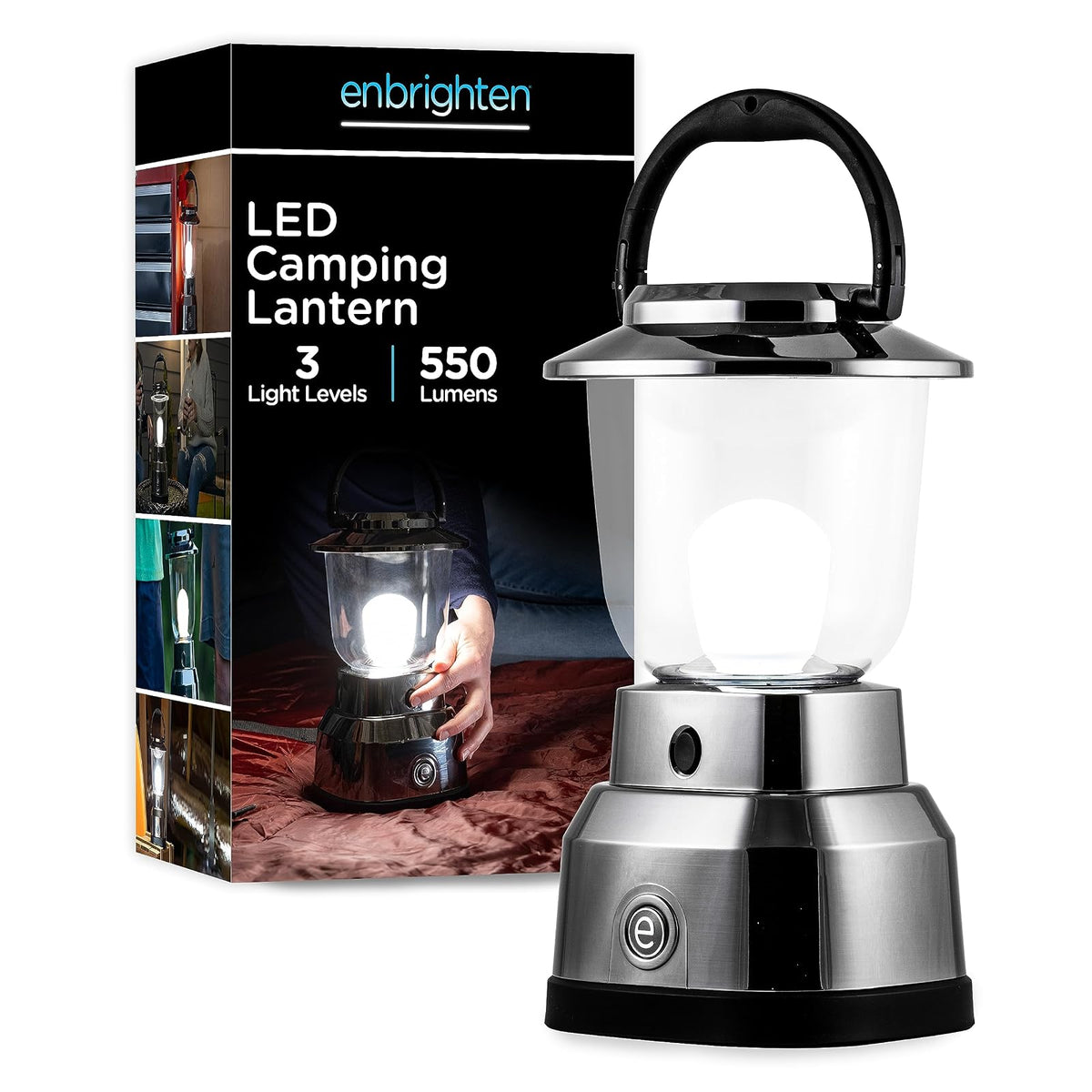 Enbrighten Linterna LED de níquel cepillado, funciona con pilas, 550 lúmenes, tiempo de funcionamiento de 280 horas, mango de mosquetón, equipo de senderismo, luz de emergencia, apagón, tormenta, huracán, 14210 - default_no_selection_value - Nickel