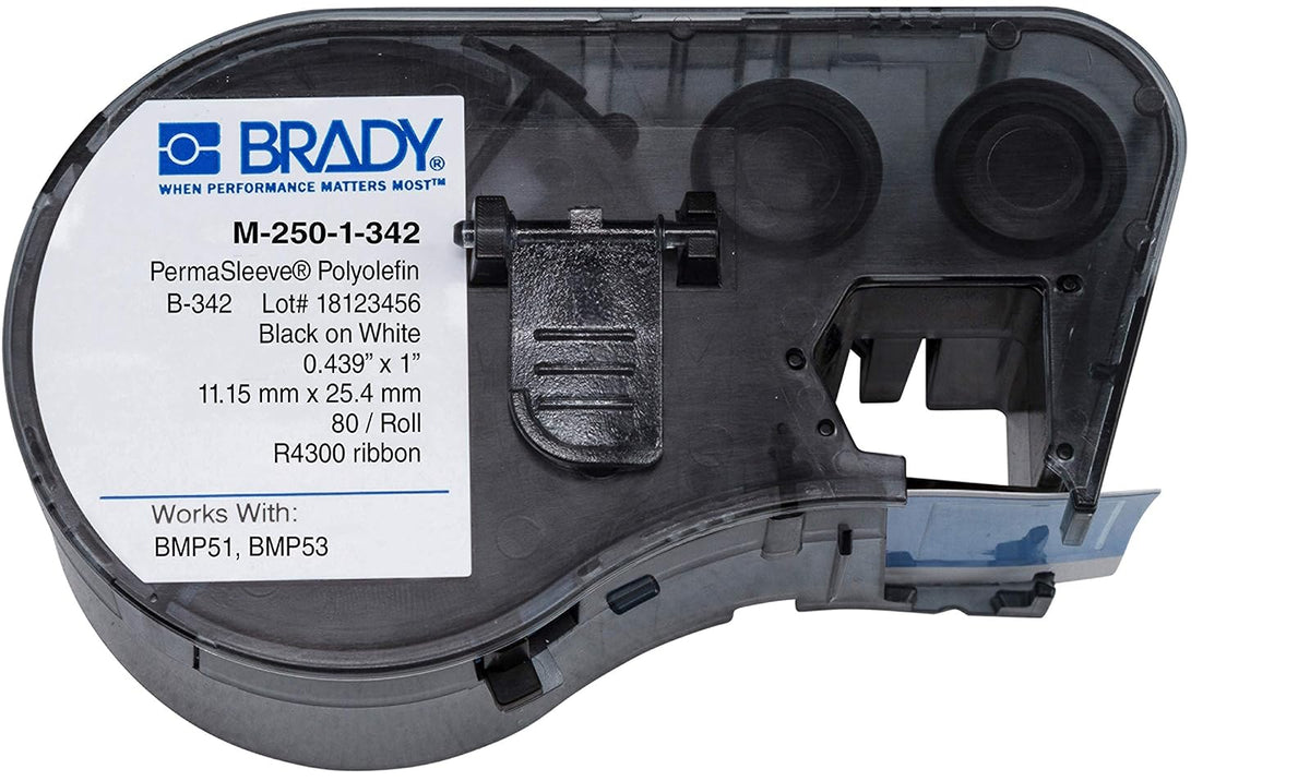 Brady M-250-1-342 Polyolefin B-342 Black on White Label Maker Cartridge, 7/16" Width x 1-1/64" Height, For BMP51/BMP53 Printers