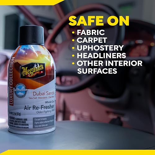 Meguiar's, Car Air Refresher Odor Fighting Mist, Dubai Sands, G262402, 57g | Ambientador de automóvil de larga duración, combate olores fuertes y no deseados, renovando interiores con un aroma lujoso y