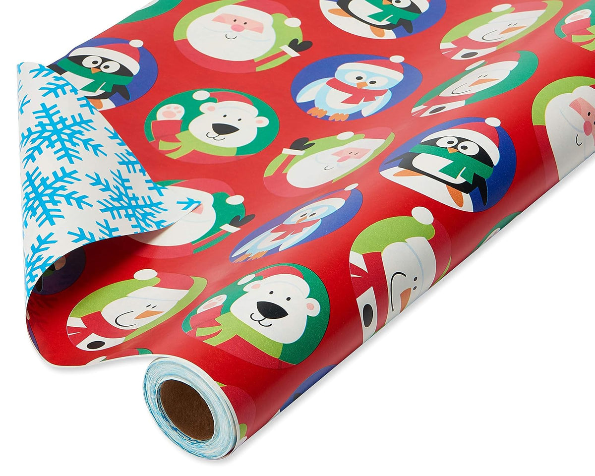 American Greetings Jumbo - Rollo de papel de regalo reversible de Navidad para niños, color rojo y azul (175 m². Pies, 1 rollo extragrande de 30 pulgadas. Pingüinos, osos polares, Papá Noel, copos de