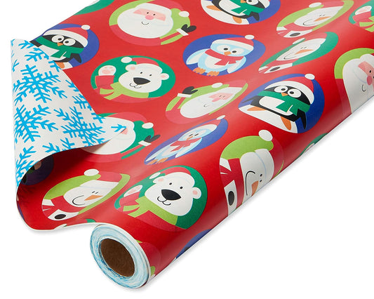 American Greetings Jumbo - Rollo de papel de regalo reversible de Navidad para niños, color rojo y azul (175 m². Pies, 1 rollo extragrande de 30 pulgadas. Pingüinos, osos polares, Papá Noel, copos de
