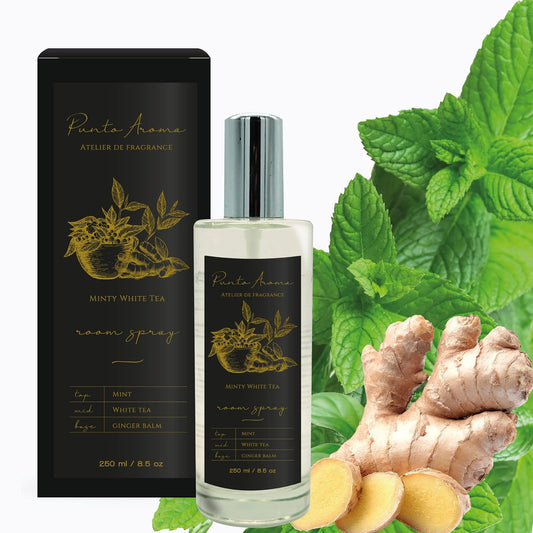 Punto Aroma - Home Mist 250ml - Ambientador de Fragancia Premium - Air Freshener - Spray aromatizante con atomizador - Ideal para casa, automóvil, oficina, carro, baño (Minty White Tea)