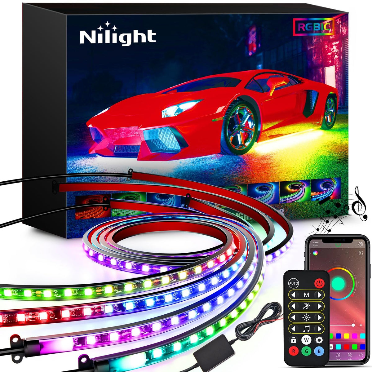 Nilight 4 Luces de Acento Neón RGBIC 256 LED para Subdálaje de Auto, Multicolor, Control por App, TL-300