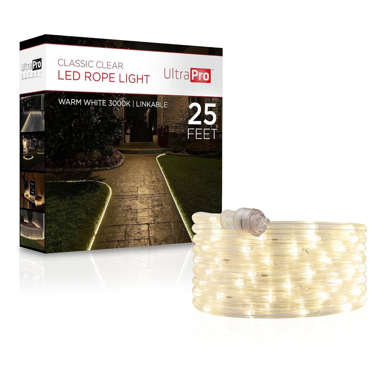 UltraPro 54504 - Cuerda de luces LED clásica, de 25 pies, luz blanca cálida de 3000 K, interior/exterior, flexible, enlazable, duradera, cuerda de luces al aire última intervensión