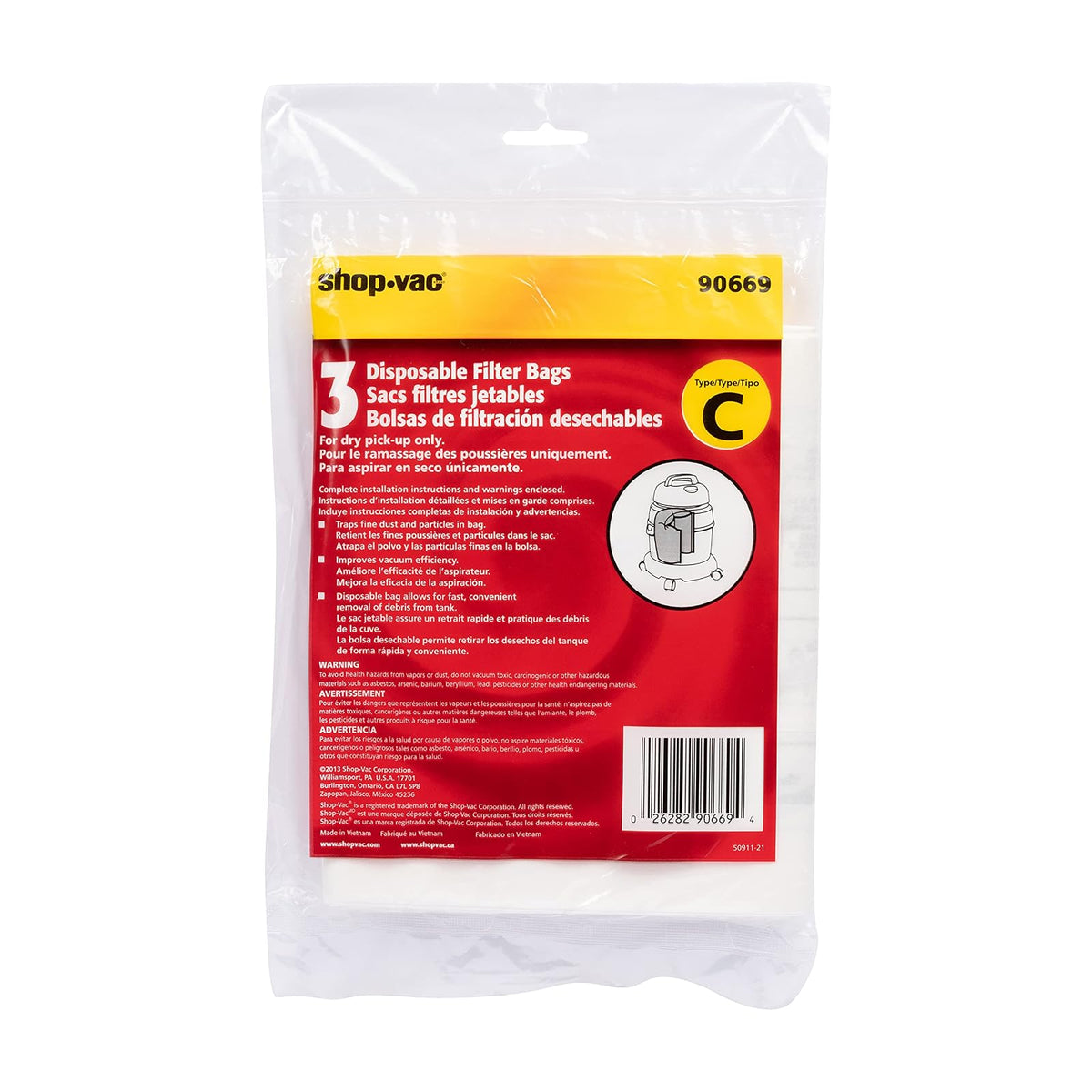Shop-Vac 9066900 Bolsas de filtro desechables, se ajustan a tanques de 3 galones, ideales para recogida en seco, materiales no peligrosos, compatibles con modelos de 3 galones de Shop-Vac, (3 unidades