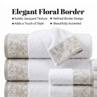 Superior Juego de Toallas de algodón de 8 Piezas, Borde Floral Jacquard Dobby, Secado rápido, baño Decorativo, Ducha, baño, Incluye 2 cuerpos, 2 Manos, 4 Toallas de Rostro, colección Wisteria, Blanco