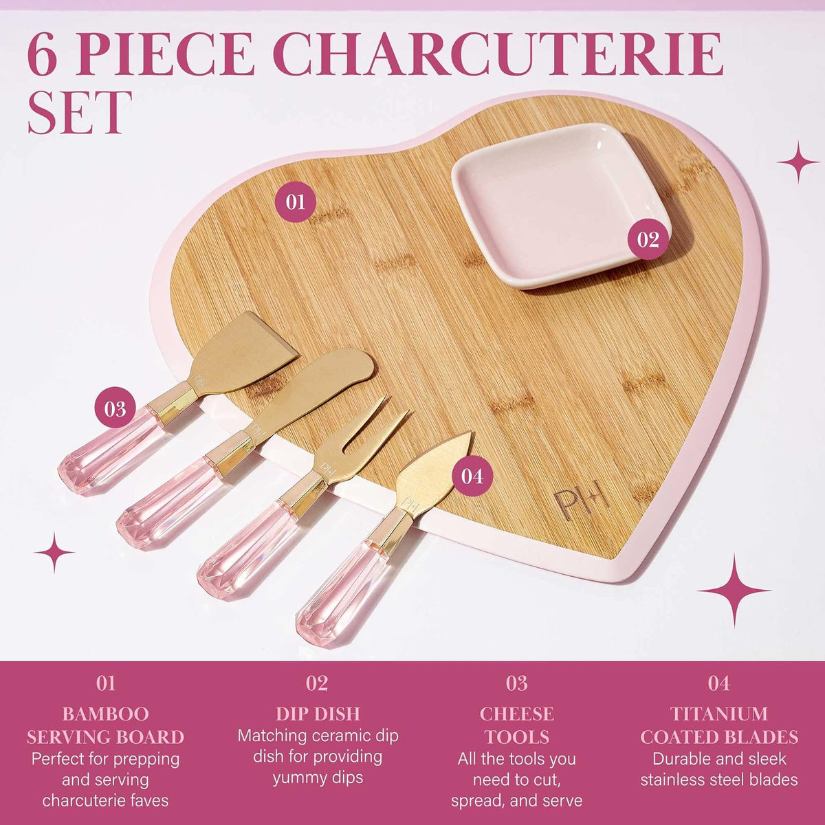 Paris Hilton - Juego de mesa de charcutería y servir, tabla de servir de bambú, plato de cerámica, utensilios de queso con cuchillas revestidas de titanio, juego de 6 piezas, color rosa