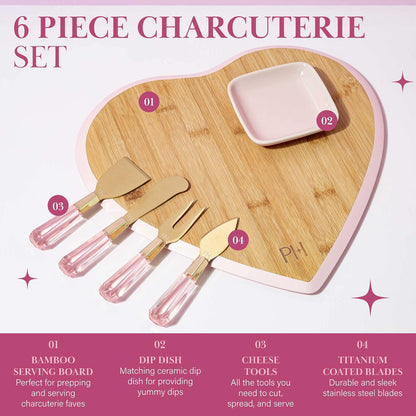 Paris Hilton - Juego de mesa de charcutería y servir, tabla de servir de bambú, plato de cerámica, utensilios de queso con cuchillas revestidas de titanio, juego de 6 piezas, color rosa