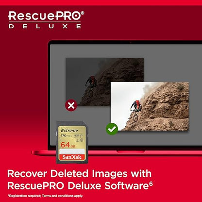 SanDisk Extreme SDXC UHS-I - Tarjeta de Memoria de 64 GB (V30, Transferencia de 170 MB/s, U3, 4K UHD, tecnología QuickFlow, Impermeable, Resistente a los Golpes, Resistente a la Temperatura)