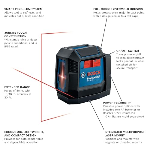 BOSCH PRO GLL50-20 Láser de línea cruzada autonivelante | Tecnología VisiMax, sistema de péndulo inteligente, 0.12 pulgadas. precisión, contratistas, montaje estable, topografía