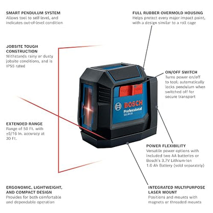 BOSCH PRO GLL50-20 Láser de línea cruzada autonivelante | Tecnología VisiMax, sistema de péndulo inteligente, 0.12 pulgadas. precisión, contratistas, montaje estable, topografía