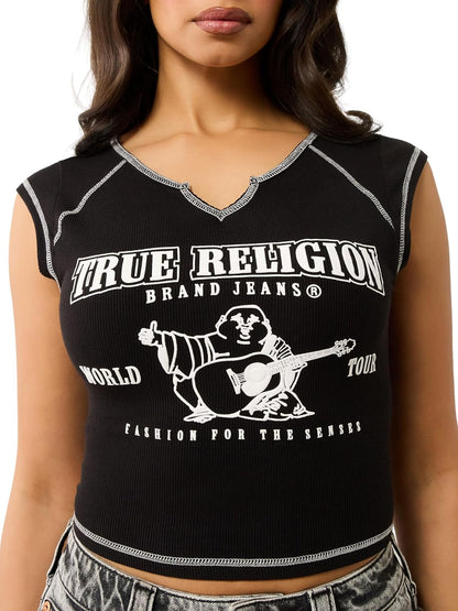 True Religion SRS - Playera Casual con Cuello Redondo para Mujer