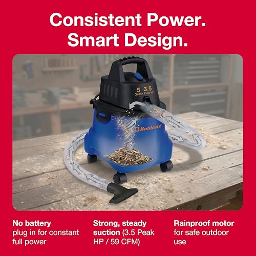 Koblenz WD-5 L2 Aspiradora Seco Mojado 3 en 1 con Sistema de Expulsión de Aire, Tanque de 5 Galones, Motor de 3.5 HP Pico, Filtro Plisado, Aspiradora para Hogar y Taller, Cable Eléctrico y Accesorios