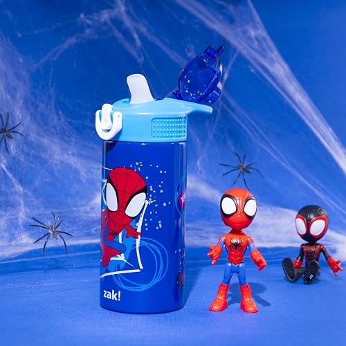 Zak Designs Marvel Spider-Man Sage - Botella de agua para niños para la escuela o los viajes, botella de agua de acero inoxidable de 14 onzas con popote, mango y a prueba de fugas, cubierta de