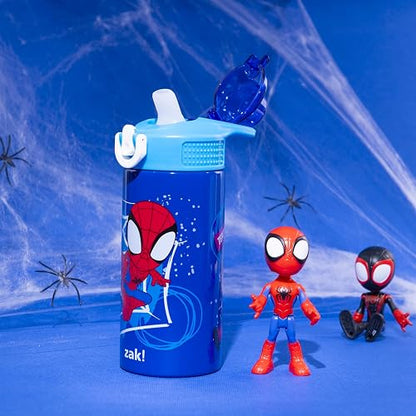 Zak Designs Marvel Spider-Man Sage - Botella de agua para niños para la escuela o los viajes, botella de agua de acero inoxidable de 14 onzas con popote, mango y a prueba de fugas, cubierta de