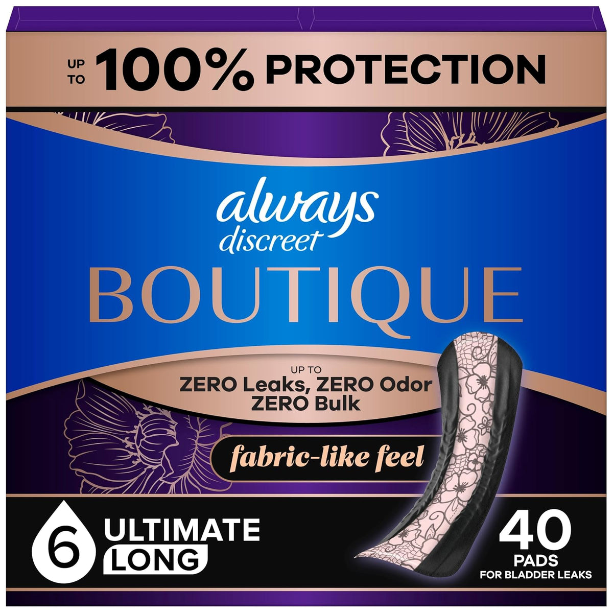 Always Discreet Boutique Incontinence Pads, Extra Heavy Absorbency, Long Length, 40 Count