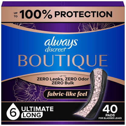 Always Discreet Boutique Incontinence Pads, Extra Heavy Absorbency, Long Length, 40 Count