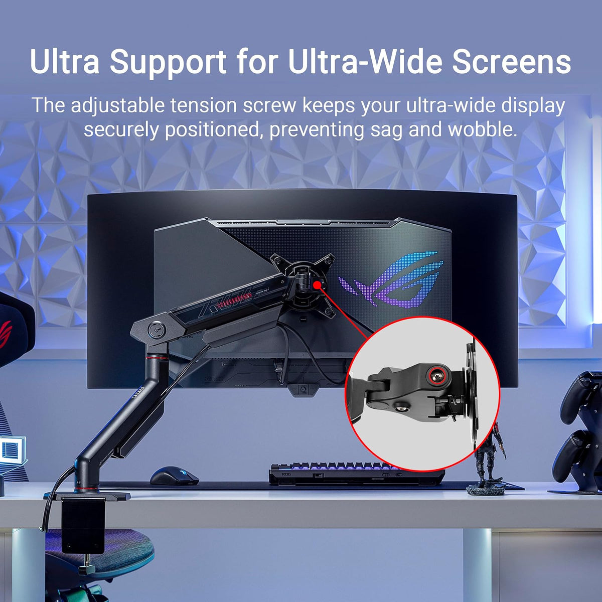 ROG Ergo - Brazo para Monitor (AAS01R) – Soporte mecánico para Monitor con Abrazadera de computadora y Montaje en Ojal, soporta hasta 49 Pulgadas * Dentro de 13,5 kg, pivote/Giratorio/rotación/Altura