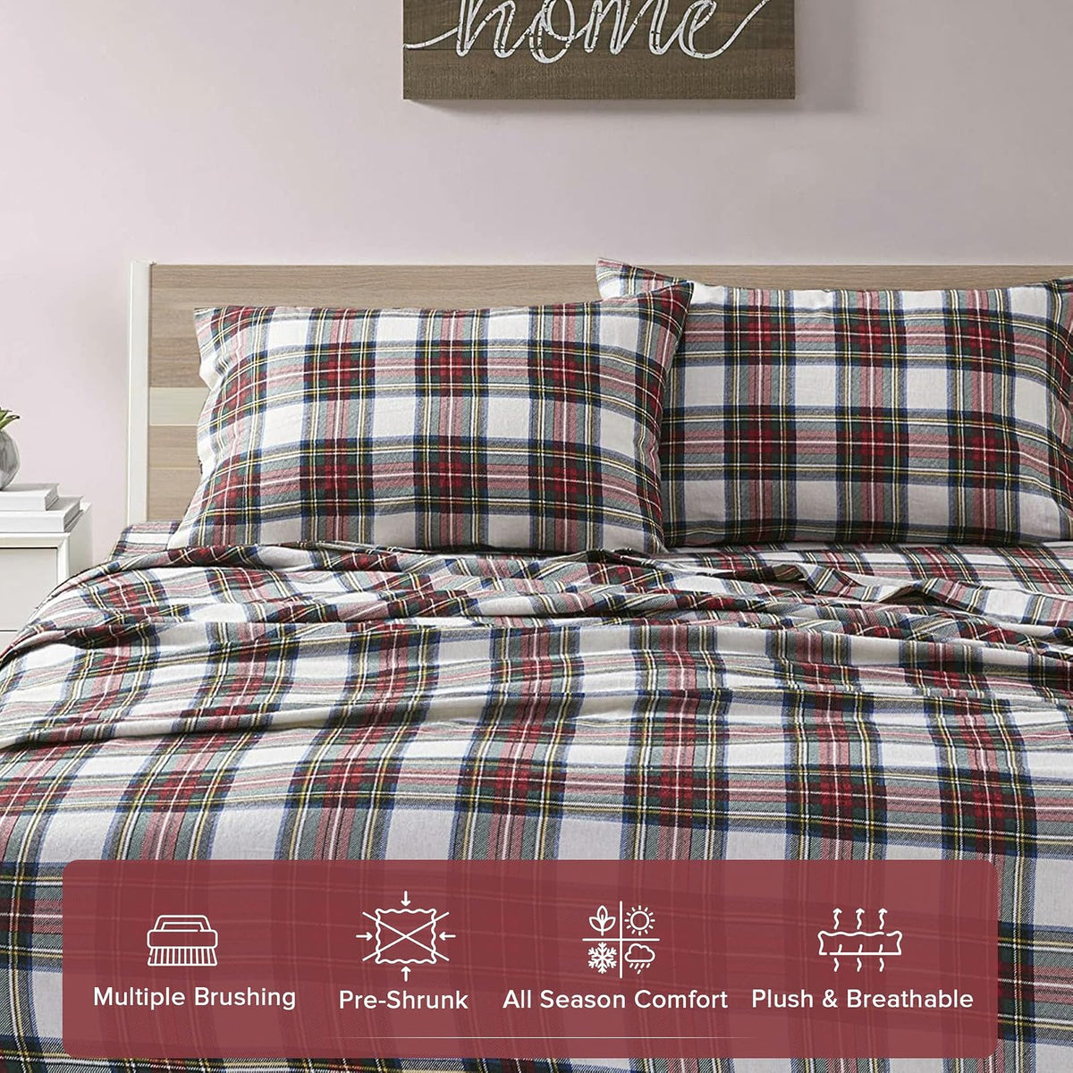 Comfort Spaces - Sábanas de Franela de algodón Transpirable con Bolsillos Profundos y Funda de Almohada, tamaño Individual, a Cuadros, Gris/Rojo, 6 Piezas