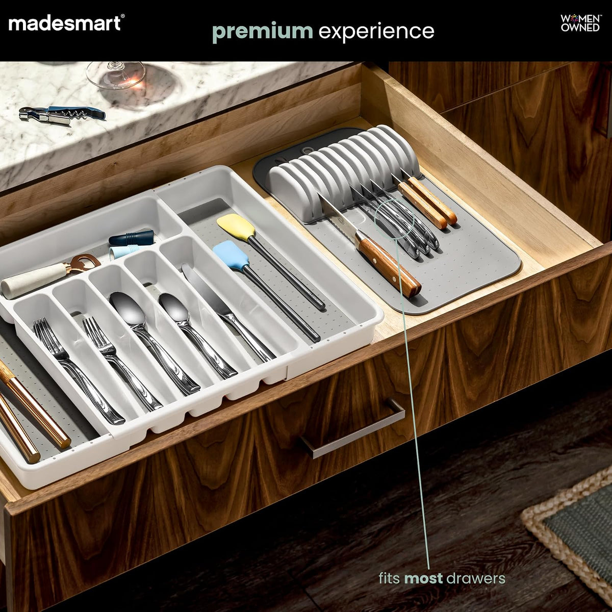 Madesmart Classic - Alfombrilla de cuchillo grande con agarre suave, cajón antideslizante, organización duradera para el hogar, sin BPA, color blanco