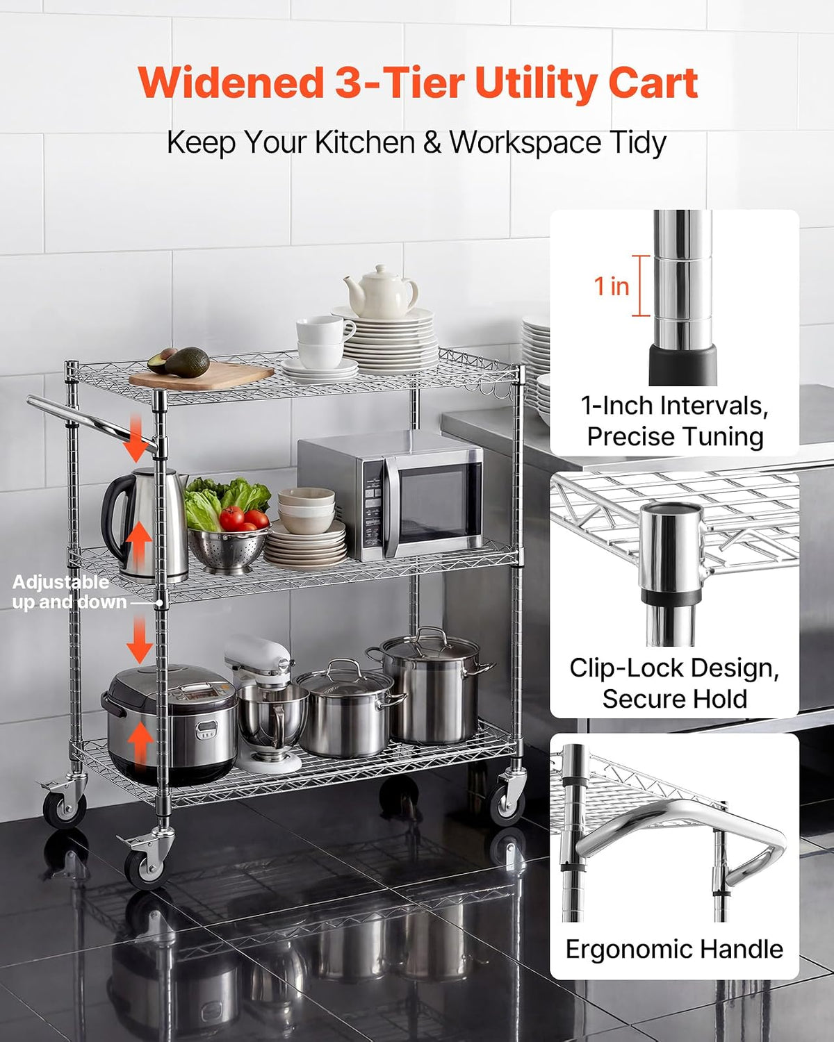 VEVOR Carrito de Cocina de 3 Niveles, Estante de Almacenaje de Alambre Ajustable, Carrito Auxiliar con Ruedas Giratorias y Asa, Carro de Servicio para Cocina, Garaje, Lavadero, 89 x 45,3 x 104 cm