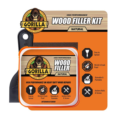 Gorilla - Kit de relleno de madera multiusos, con cuchillo de masilla y | Repara grietas y agujeros, acabado lijable suave, resistente al agua, reparación de alto rendimiento