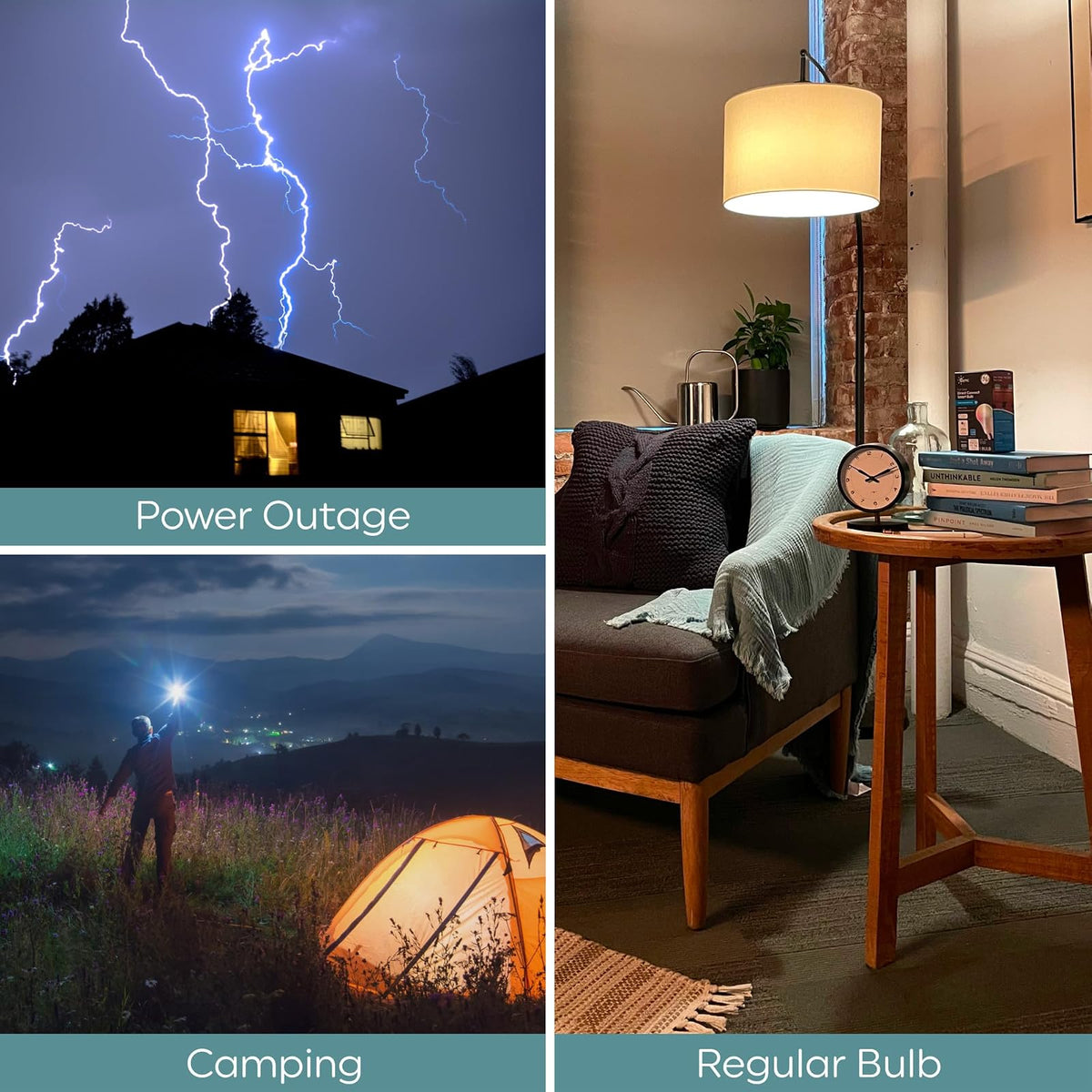 GE LED+ - Bombillas LED de batería de reserva, A21, luz de emergencia recargable para cortes de energía + linterna, blanco suave (paquete de 2)
