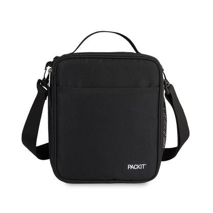 PackIt® - Fiambrera cruzada congelable, negra, construida con tecnología ECOFREEZE®, totalmente congelable, plegable, reutilizable, con asa superior, bolsillo frontal deslizante. Llevar sin esfuerzo