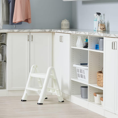 Rubbermaid Two-Step Folding Foot Stool 14-Inch High White 300 Pound Capacity Small Step Stool for Adults/Kids for Use in Library/Kitchen/Bathroom/Garage/Closet