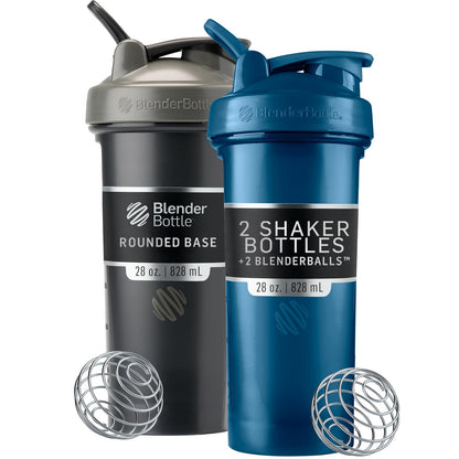 BlenderBottle Classic V2 - Botella coctelera perfecta para batidos de proteínas y pre entrenamiento, 28 onzas (paquete de 2), negro y azul marino