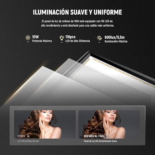 NEEWER 9" Panel Luz Video LED, Iluminación Suave Cámara DSLR Regulable, 4000mAh Batería Recargable, Puertos USB Tipo C, 3200K~5600K CRI95+ 600Lux para Fotografía Grabación Live Streaming, NL-116AI