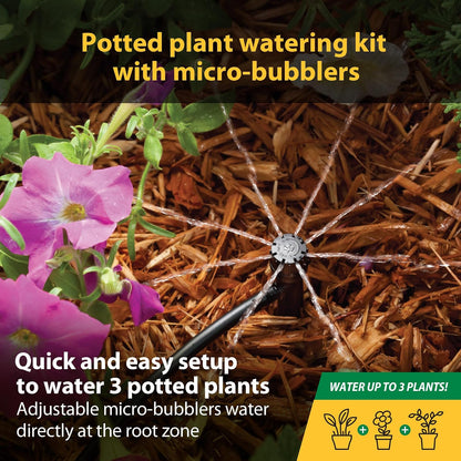 Rain Bird POTTEDKIT Recipiente de riego por goteo/kit de riego de plantas en maceta, se conecta a llave/manguera de jardín, tubo de goteo de 1/4 pulgadas, micro burbujas de 360°, accesorios en T y