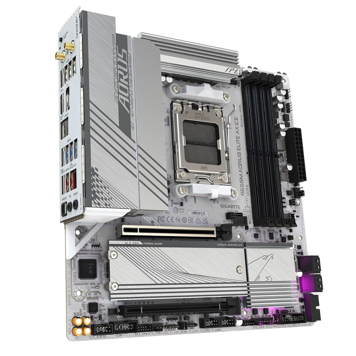 GIGABYTE B650M AORUS Elite AX Ice AM5 LGA 1718 AMD B650 M-ATX Placa Base con 5 años de garantía, DDR5, 2* M.2, PCIe 5.0, USB 3.2 Gen2X2 Tipo-C, LAN de 2.5GbE, Q-Flash Plus, EZ-Latch